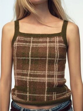 NWT Zara Green and Brown Plaid Top